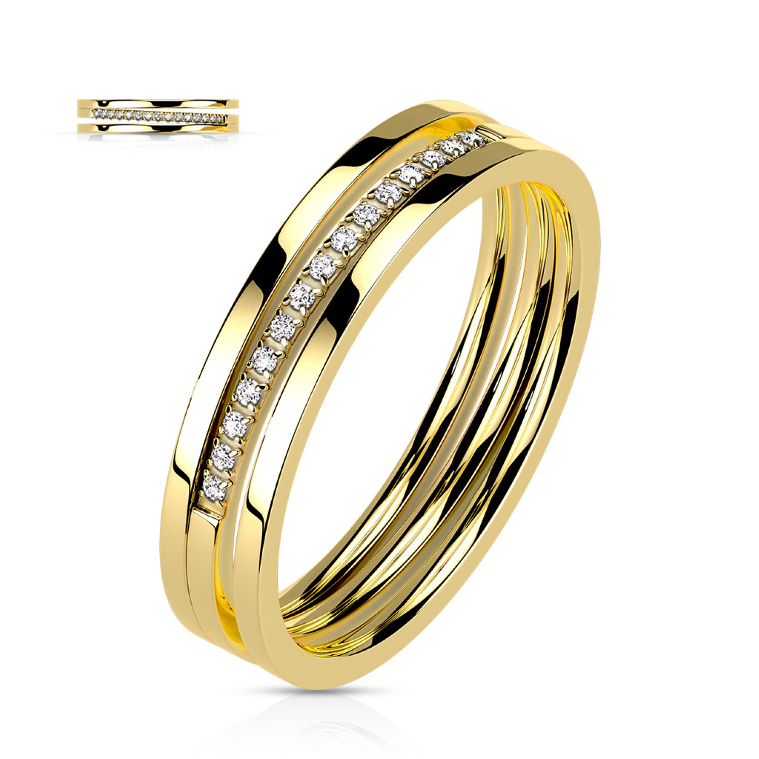 Bague composée de trois anneaux en acier doré pavée en partie d'oxydes de zirconium blancs. Strass  Adolescent Adulte Femme Fille Indémodable 
