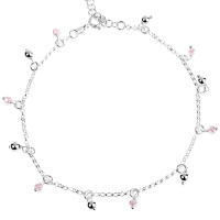 Bracelet chaîne de cheville avec pampilles rondes en argent 925/000 rhodié et pampilles de perles de couleur rose. Fermoir anneau ressort avec 3 cm de rallonge.