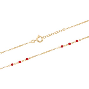 Bracelet chaîne de cheville en plaqué or jaune 18 carats avec des perles en résine rouge. Fermoir mousqueton avec 2 cm de rallonge.
