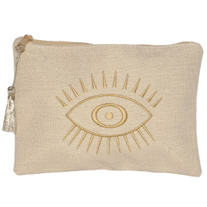 Sac pochette en coton avec un œil de Turquie brodé en fil doré et un pompon. Intérieur en polyester.