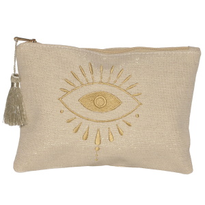Sac pochette en coton avec un œil de Turquie brodé en fil doré et un pompon. Intérieur en polyester.