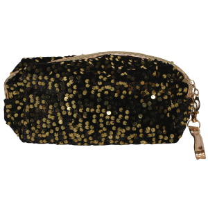 Sac pochette en velours noir recouvert de pastilles dorées brillantes.