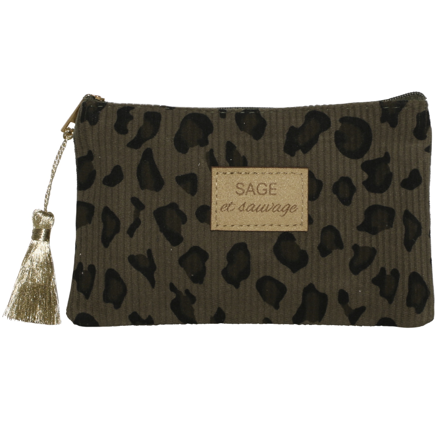 Sac pochette avec motifs léopard et l'inscription Sage et sauvage.<br/>Fermeture zip avec un pompon doré. Adolescent Adulte Femme Fille Indémodable Message Sac pochette avec motifs léopard et l'inscription Sage et sauvage.<br/>Fermeture zip avec un pompon doré. Adolescent Adulte Femme Fille Indémodable Message