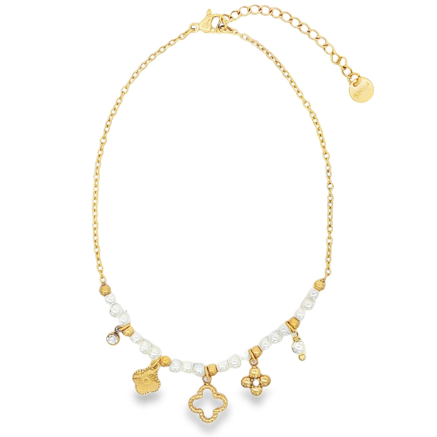 Sublimez vos tenues estivales avec cette magnifique chaîne de cheville en acier inoxydable doré, un bijou à la fois tendance, frais et raffiné. Conçue pour résister au quotidien et garder tout son éclat, elle habillera délicatement votre cheville d'une touche de lumière.<br/>La partie inférieure est ornée d'une enfilade de petites perles blanches à l'aspect texturé et scintillant, évoquant la douceur de l'été et du bord de mer.<br/>Le bijou est rythmé par plusieurs pampilles dorées d'inspiration trèfle et florale, ainsi que de petits strass scintillants qui captent joliment la lumière à chacun de vos pas.<br/>Équipée d'une chaînette d'extension pour s'adapter parfaitement à toutes les morphologies de chevilles. Cheville Perle Trèfle Adolescent Adulte Eté Femme Fille Nature Printemps Symboles Sublimez vos tenues estivales avec cette magnifique chaîne de cheville en acier inoxydable doré, un bijou à la fois tendance, frais et raffiné. Conçue pour résister au quotidien et garder tout son éclat, elle habillera délicatement votre cheville d'une touche de lumière.<br/>La partie inférieure est ornée d'une enfilade de petites perles blanches à l'aspect texturé et scintillant, évoquant la douceur de l'été et du bord de mer.<br/>Le bijou est rythmé par plusieurs pampilles dorées d'inspiration trèfle et florale, ainsi que de petits strass scintillants qui captent joliment la lumière à chacun de vos pas.<br/>Équipée d'une chaînette d'extension pour s'adapter parfaitement à toutes les morphologies de chevilles. Cheville Perle Trèfle Adolescent Adulte Eté Femme Fille Nature Printemps Symboles