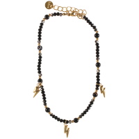 Bracelet chaîne de cheville composé de perles et pampilles éclairs en acier doré et de perles de couleur noire. Fermoir mousqueton en acier doré avec 4 cm de rallonge.