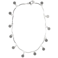 Bracelet chaîne de cheville composé d'une chaîne de barrettes courbées et de pampilles rondes en acier argenté. Fermoir mousqueton avec 3 cm de rallonge.