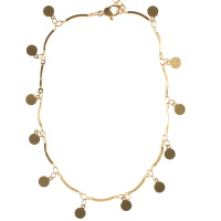 Bracelet chaîne de cheville composé d'une chaîne de barrettes courbées et de pampilles rondes en acier doré. Fermoir mousqueton avec 3 cm de rallonge.