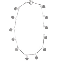Bracelet chaîne de cheville avec barres et pampilles cœurs en acier argenté. Fermoir mousqueton avec 3 cm de rallonge.