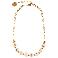 Bracelet chaîne de cheville en acier doré avec des perles cylindriques composant le mot POSITIVE. Fermoir mousqueton avec 3 cm de rallonge.