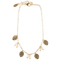 Bracelet chaîne de cheville composé d'une chaîne et de pampilles feuilles philodendron en acier doré et de pampilles perles de couleur blanche. Fermoir mousqueton avec 3 cm de rallonge.
