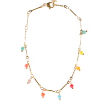 Bracelet chaîne de cheville en acier doré avec pampilles perles multicolores. Fermoir mousqueton avec 3 cm de rallonge.