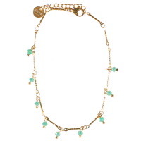 Bracelet chaîne de cheville en acier doré avec pampilles perles vertes. Fermoir mousqueton avec 3 cm de rallonge.