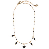 Bracelet chaîne de cheville composé d'une chaîne en acier doré, de perles en émail de couleur noire, pampilles de perles de couleur noire et d'une étoile pavée de strass de couleur noire. Fermoir mousqueton avec 3 cm de rallonge.