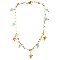 Bracelet chaîne de cheville composé d'une chaîne en acier doré, de pampilles de perles de couleur turquoise et 3 pendants étoiles en acier doré surmontés d'un cristal de couleur noire. Fermoir mousqueton avec 3 cm de rallonge.