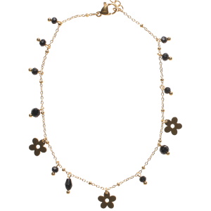 Bracelet chaîne de cheville composé d'une chaîne et de pendants en forme de fleur en acier doré et de pampilles perles de couleur noire. Fermoir mousqueton avec 3 cm de rallonge.