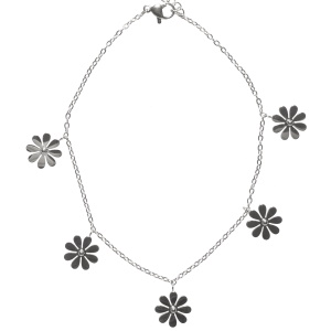 Bracelet de cheville composé d'une chaîne avec pendants en forme de fleur en acier argenté. Fermoir mousqueton avec 3 cm de rallonge.