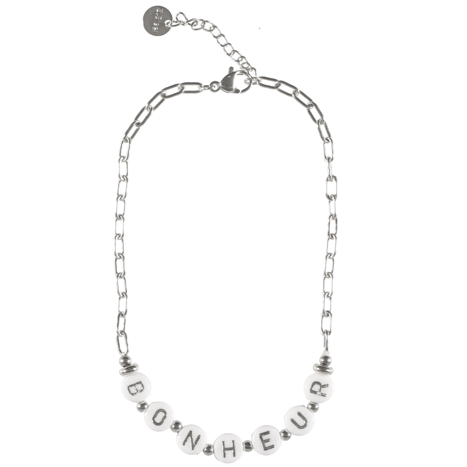 Bracelet chaîne de cheville en acier argenté avec des perles cylindriques composant le mot BONHEUR.<br/>Fermoir mousqueton avec 3 cm de rallonge. Perle Rond  Adolescent Adulte Femme Fille Indémodable Message 