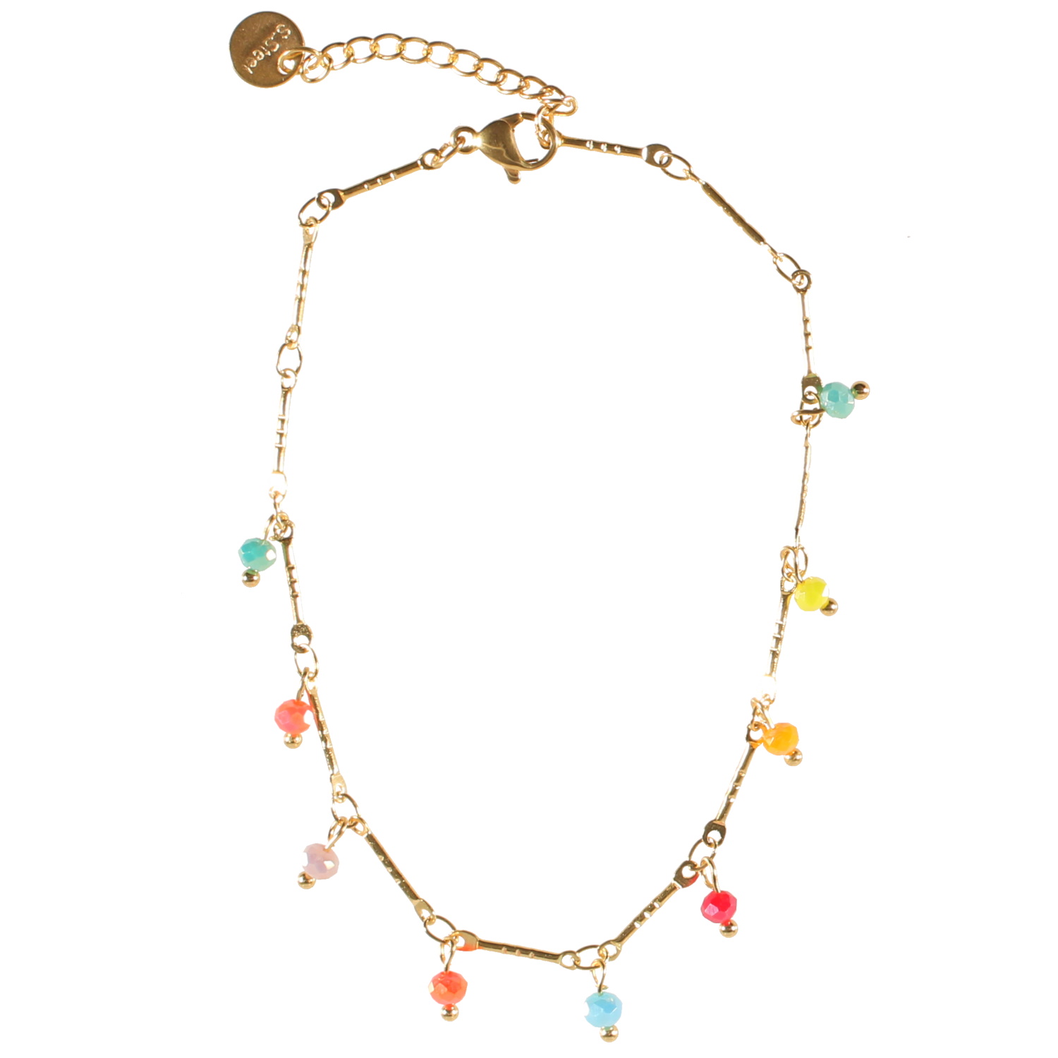 Bracelet chaîne de cheville en acier doré avec pampilles perles multicolores.<br/>Fermoir mousqueton avec 3 cm de rallonge. Cheville Perle  Adolescent Adulte Femme Fille Indémodable 