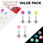 Lot comprenant 5 piercing Labrets et Monroes en acier chirurgical 316L et acrylique colorée.