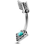 Piercing nombril motif flèche en acier chirurgical 316L et pierres d'imitation turquoise.