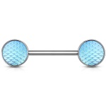 Piercing haltère avec motif écaille effet hologramme en acier chirurgical 316L et pierre d'imitation en résine.