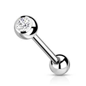 Piercing haltère en titane argenté serti clos d'un oxyde de zirconium blanc.