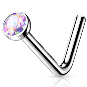 Piercing tige de nez en titane argenté serti d'un cristal aurore boréale.