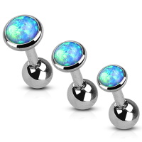 Lot de 3 piercings pour cartilage en acier chirurgical 316L sertis d'une pierre opale synthétique de couleur bleue turquoise.