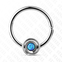 Piercing pour cartilage et septum en acier chirurgical 316L argenté surmonté d'une spirale et d'une pierre opale synthétique de couleur bleue sertie clos.