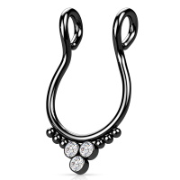 Faux piercing pour septum en acier chirurgical 316L de couleur noire avec 3 oxydes de zirconium blancs sertis clos.