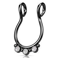 Faux piercing pour septum en acier chirurgical 316L de couleur noire avec 3 oxydes de zirconium blancs sertis clos.