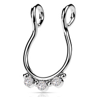 Faux piercing pour septum en acier chirurgical 316L argenté avec 3 oxydes de zirconium blancs sertis clos.