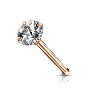 Piercing tige de nez en acier rosé chirurgical 316L serti griffes d'un oxyde de zirconium blanc.