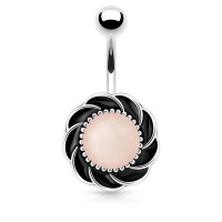 Piercing pour nombril en acier chirurgical 316L argenté avec fleur tourbillonnante sertie d'une pierre semi précieuse quartz rose.