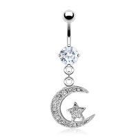 Piercing pour nombril en acier chirurgical 316L argenté surmonté d'un oxyde de zirconium blanc serti 4 griffes avec un croissant de lune et une étoile pavées de strass.