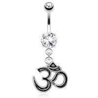 Piercing pour nombril en acier chirurgical 316L doré serti de deux oxydes de zirconium blancs avec un pendant Om ou Aum recouvert d'émail de couleur noir.