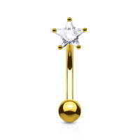 Piercing d'arcade pour sourcil en acier chirurgical 316L doré surmonté d'un oxyde de zirconium blanc serti 4 griffes en forme d'étoile.