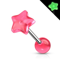 Piercing en acier chirurgical 316L argenté avec une perle et une étoile en acrylique de couleur rose phosphorescent.