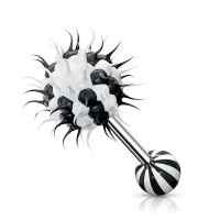 Piercing en acier chirurgical 316L argenté avec une boule koosh à pointes en silicone blanc et noir et une boule en acrylique à bandes blanches et noires.