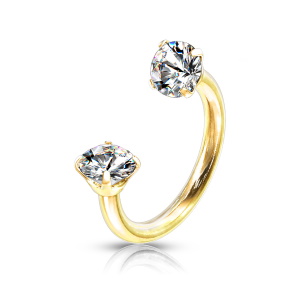 Piercing fer à cheval en acier doré chirurgical 316L serti griffes de deux oxydes de zirconium blanc.