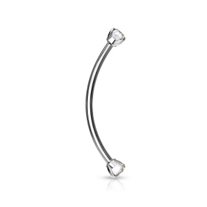 Piercing haltère en acier argenté chirurgical 316L serti griffes de deux oxydes de zirconium.