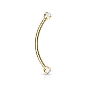 Piercing haltère en acier doré chirurgical 316L serti griffes de deux oxydes de zirconium.