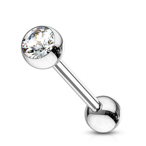 Piercing haltère en acier argenté chirurgical 316L serti clos de deux cristaux.