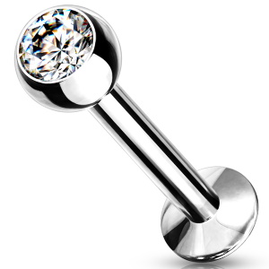 Piercing labret en acier argenté chirurgical 316L serti d'un oxyde de zirconium blanc.