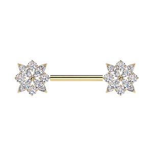 Piercing pour téton/mamelon en acier chirurgical 316L doré avec deux fleurs serties d'oxydes de zirconium blancs. 