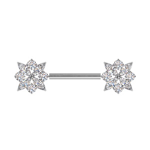 Piercing pour téton/mamelon en acier chirurgical 316L argenté avec deux fleurs serties d'oxydes de zirconium blancs. 