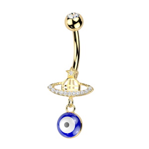 Piercing pour nombril en acier chirurgical 316L doré serti d'un oxyde de zirconium blanc avec une planète et son anneau pavé d'oxydes de zirconium et surmontée d'une étoile sertie d'un oxyde de zirconium blanc et avec un pendant œil de Turquie.