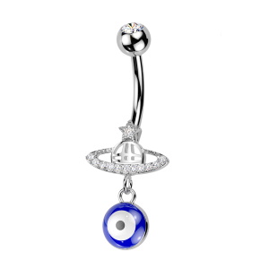 Piercing pour nombril en acier chirurgical 316L argenté serti d'un oxyde de zirconium blanc avec une planète et son anneau pavé d'oxydes de zirconium et surmontée d'une étoile sertie d'un oxyde de zirconium blanc et avec un pendant œil de Turquie.