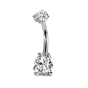 Piercing pour nombril en acier chirurgical 316L argenté serti griffes d'un oxyde de zirconium blanc et serti griffes d'un oxyde de zirconium blanc en forme de goutte.