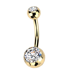 Piercing pour nombril en titane doré de qualité implantaire avec boules à facettes serties clos d'oxydes de zirconium blancs.